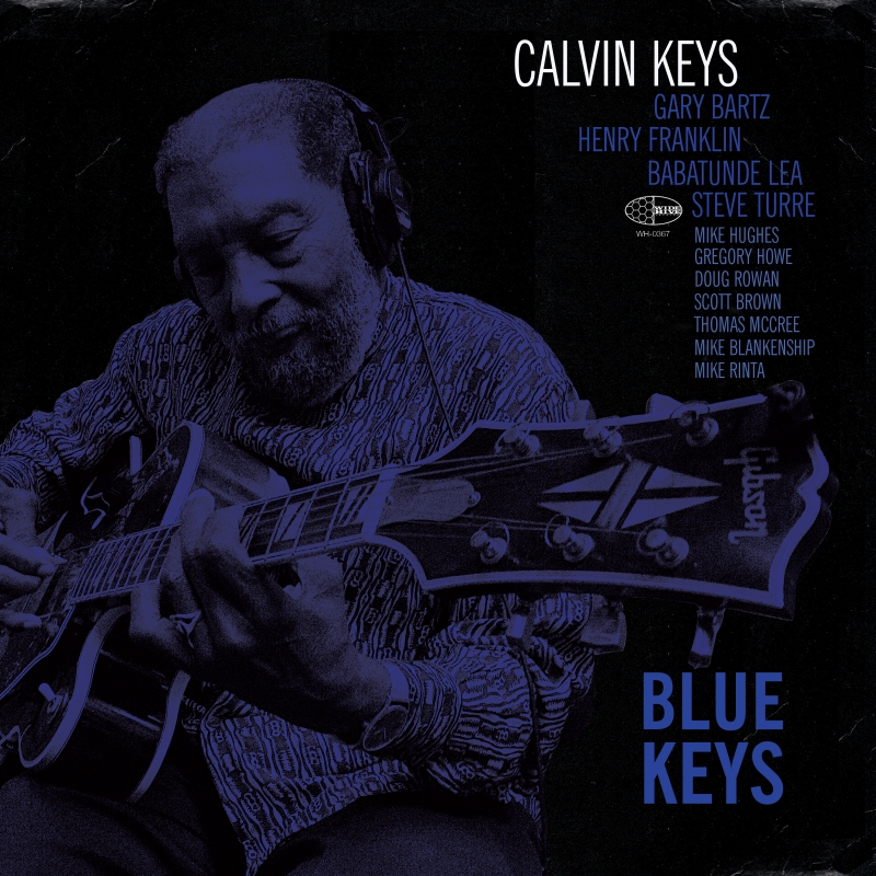 A photo with purple overtones of Calvin Keys playing guitar - for the cover of the album "Blue Keys"