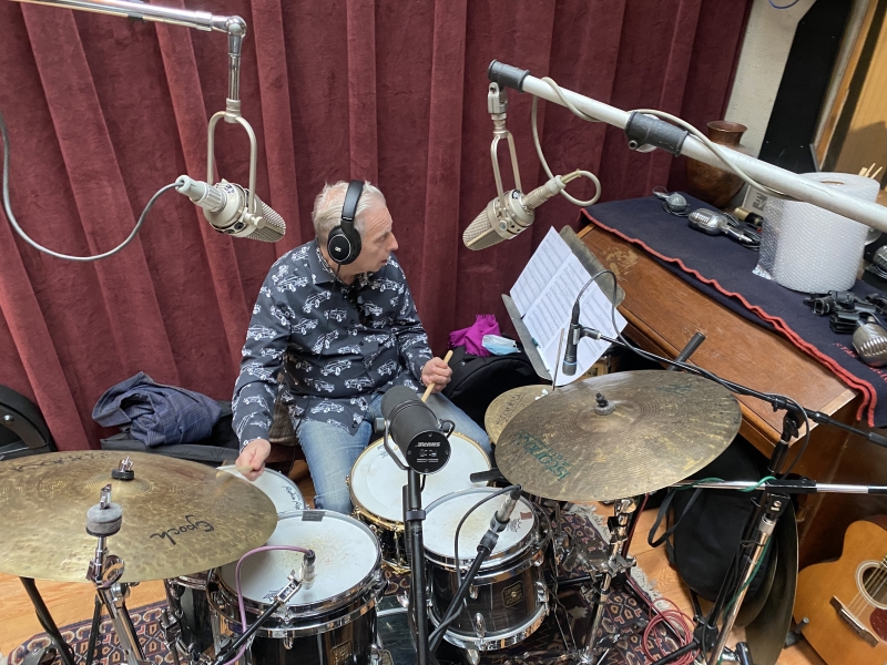 Photo of drummer Mike Clark at Wide Hive Records in Berkeley, California.