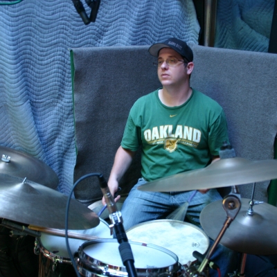 Mike "Lumpy" Hughes at Wide Hive Studios, playing drums on the Larry Coryell release, "Heavy Feel."